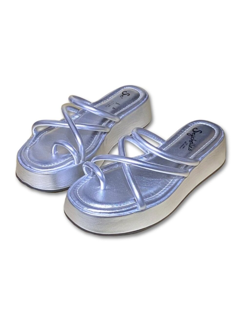 NEW Seychelles Metallic Silver Strappy Rain Toe Loop Platform Sandals